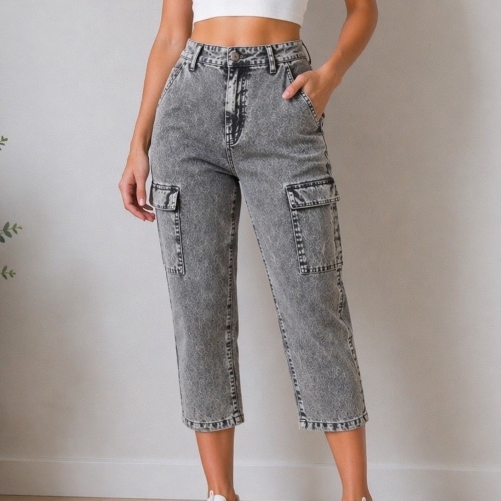 Haikure Pure Noam Cargo Pants Grey Marble Acid Wash Denim Made in Italy Size 33